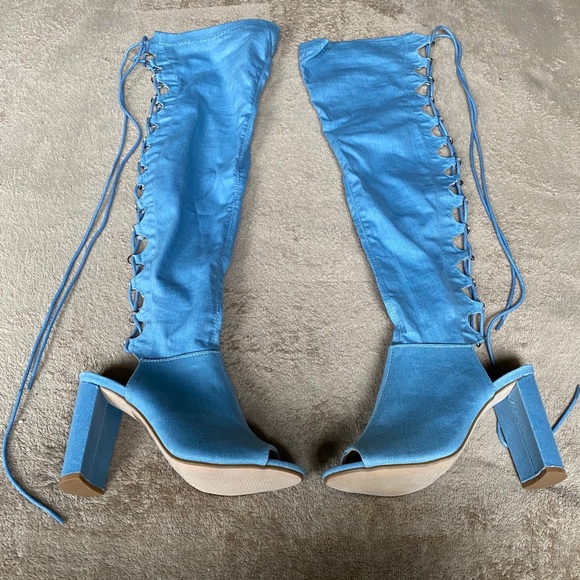 NWT Denim Lace Up Open Toe Shoes - Picture 1 of 7